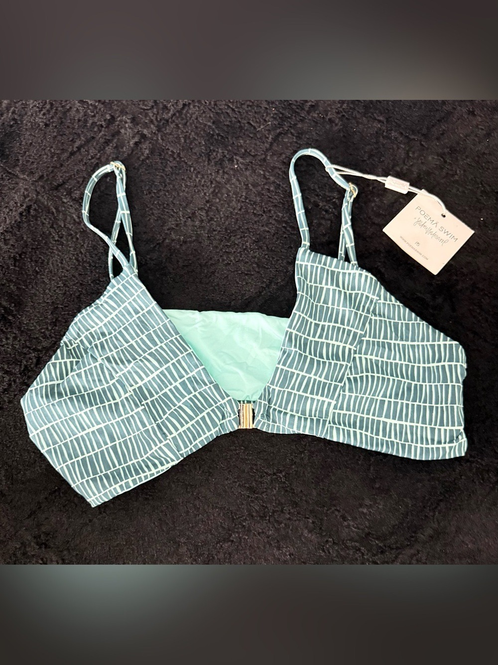NWT POEMA SWIM X JORDAN UNDERWOOD “ANNIA” Aqua Abstract Print Bikini Top XL $123
